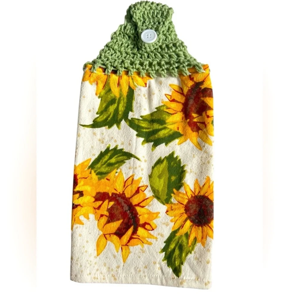 Hand Crafted Colorful Sunflowers Hanging Hand Towel Crochet Top Button Closure